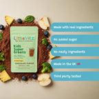 Educational infographic for LittleVitz Kids Super Greens chocolate flavour trial pouch highlighting the product's quality standards. The image features the daily greens powder alongside key benefits including made with real ingredients, no added sugar, no artificial ingredients, made in the UK and independently third party tested. Designed to provide children aged 3+ with a convenient source of vitamins, minerals and superfoods in a chocolate flavoured drink.