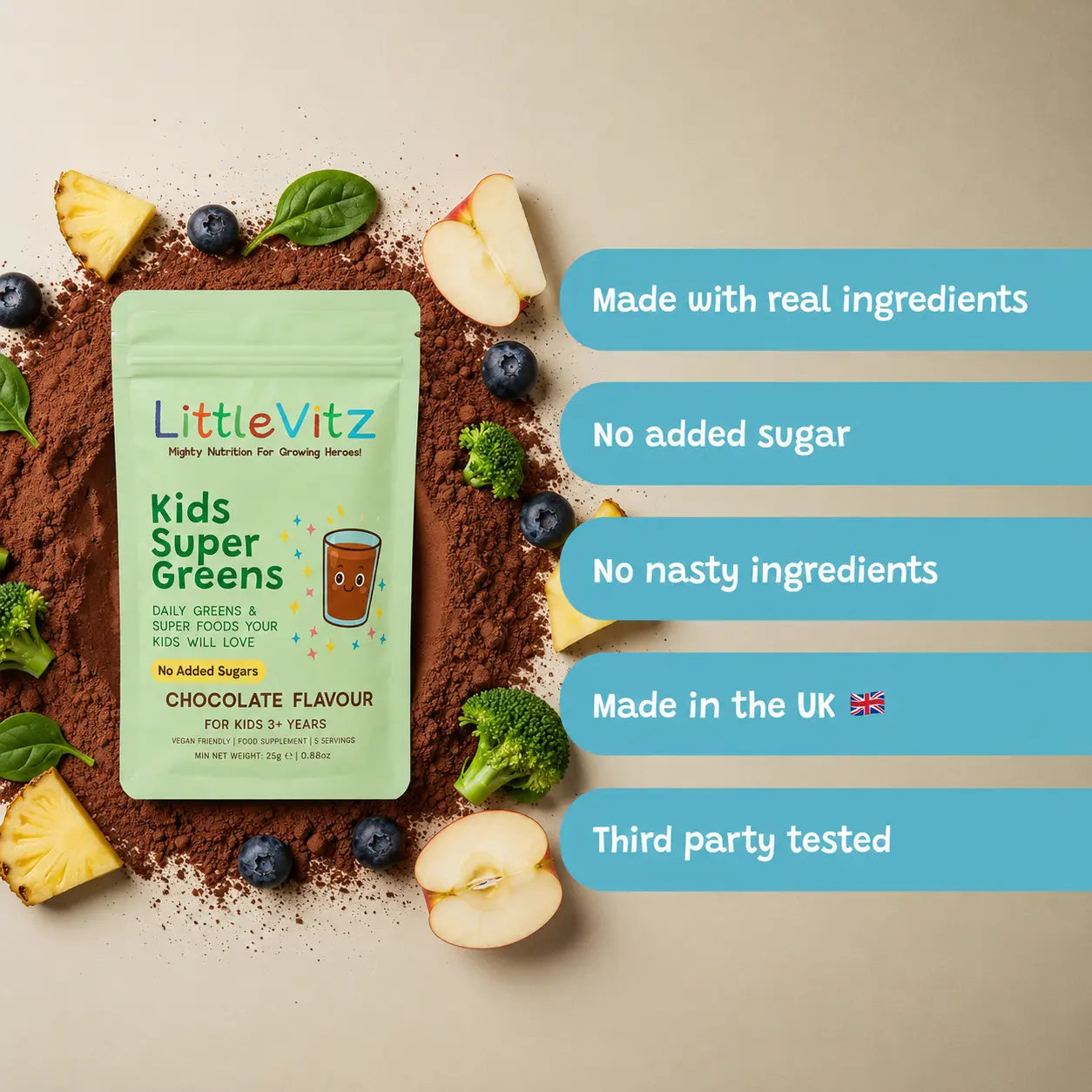Educational infographic for LittleVitz Kids Super Greens chocolate flavour trial pouch highlighting the product's quality standards. The image features the daily greens powder alongside key benefits including made with real ingredients, no added sugar, no artificial ingredients, made in the UK and independently third party tested. Designed to provide children aged 3+ with a convenient source of vitamins, minerals and superfoods in a chocolate flavoured drink.