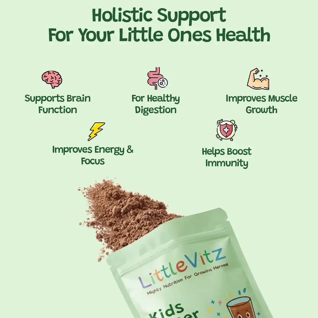 Educational infographic for LittleVitz Kids Super Greens showing the holistic health benefits of a daily greens supplement for children. The image highlights support for brain function, healthy digestion, muscle growth, immune health, energy and focus, alongside the chocolate flavour greens powder designed for children aged 3+.