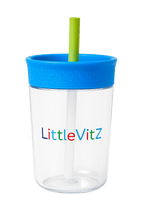 Kids tumbler showing clear cup and reusable straw
