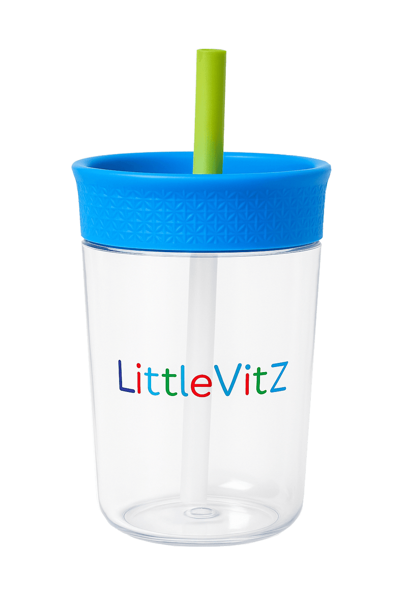 Kids tumbler showing clear cup and reusable straw