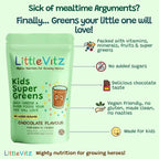Educational infographic promoting LittleVitz Kids Super Greens chocolate flavour as an easy daily nutrition solution for picky eaters. The image highlights vitamins, minerals, fruits and super greens, no added sugar, a delicious chocolate taste, vegan friendly ingredients and clean nutrition made specifically for children aged 3+, helping make healthy eating easier for families.