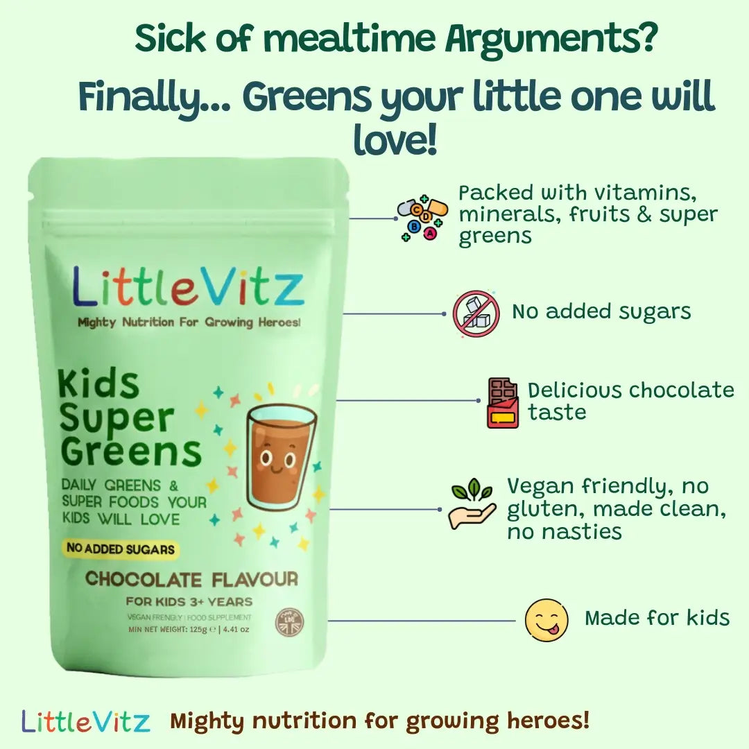 Green package of LittleVitz Kids Super Greens with text highlighting benefits on a green background