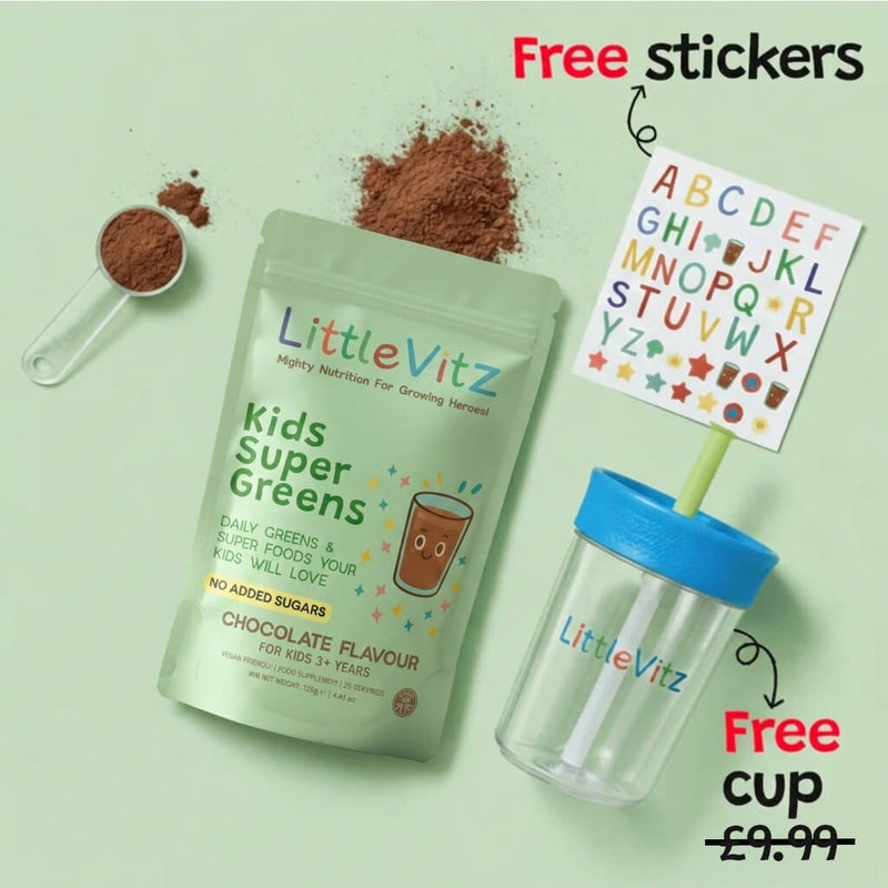 LittleVitz Kids Super Greens package with a free cup and stickers on a green background