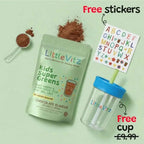 Product image of LittleVitz Kids Super Greens chocolate flavour featuring the daily greens powder alongside a reusable LittleVitz mixing cup and a free reward sticker sheet. Designed for children aged 3+, the product provides a convenient way to enjoy vitamins, minerals and superfoods in a chocolate flavoured drink with no added sugar.