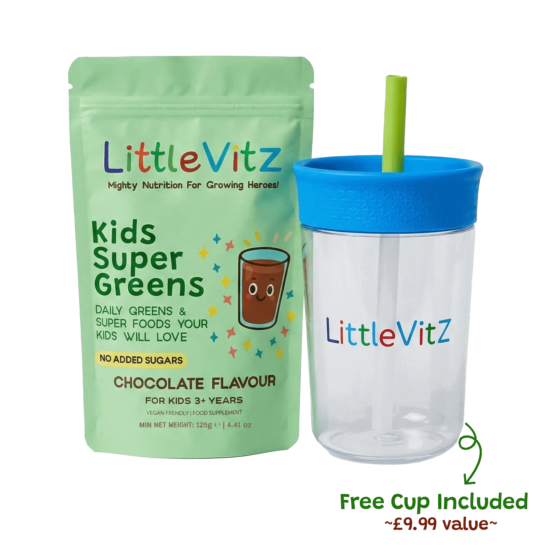 LittleVitz Kids Super Greens main picture. Chocolate greens multivitamin powder for kids.
