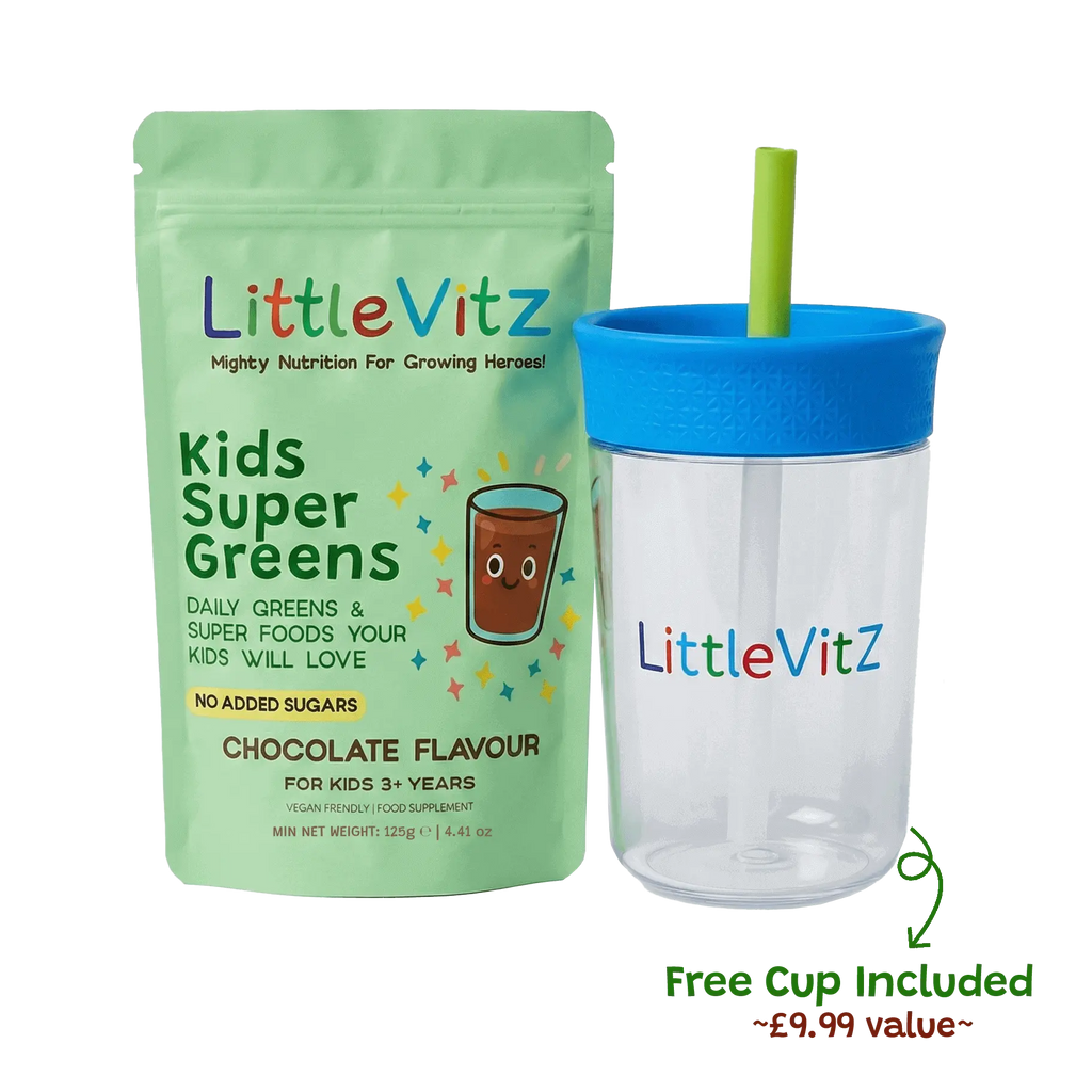 LittleVitz Kids Super Greens package with a clear cup with blue lid and straw on a white background