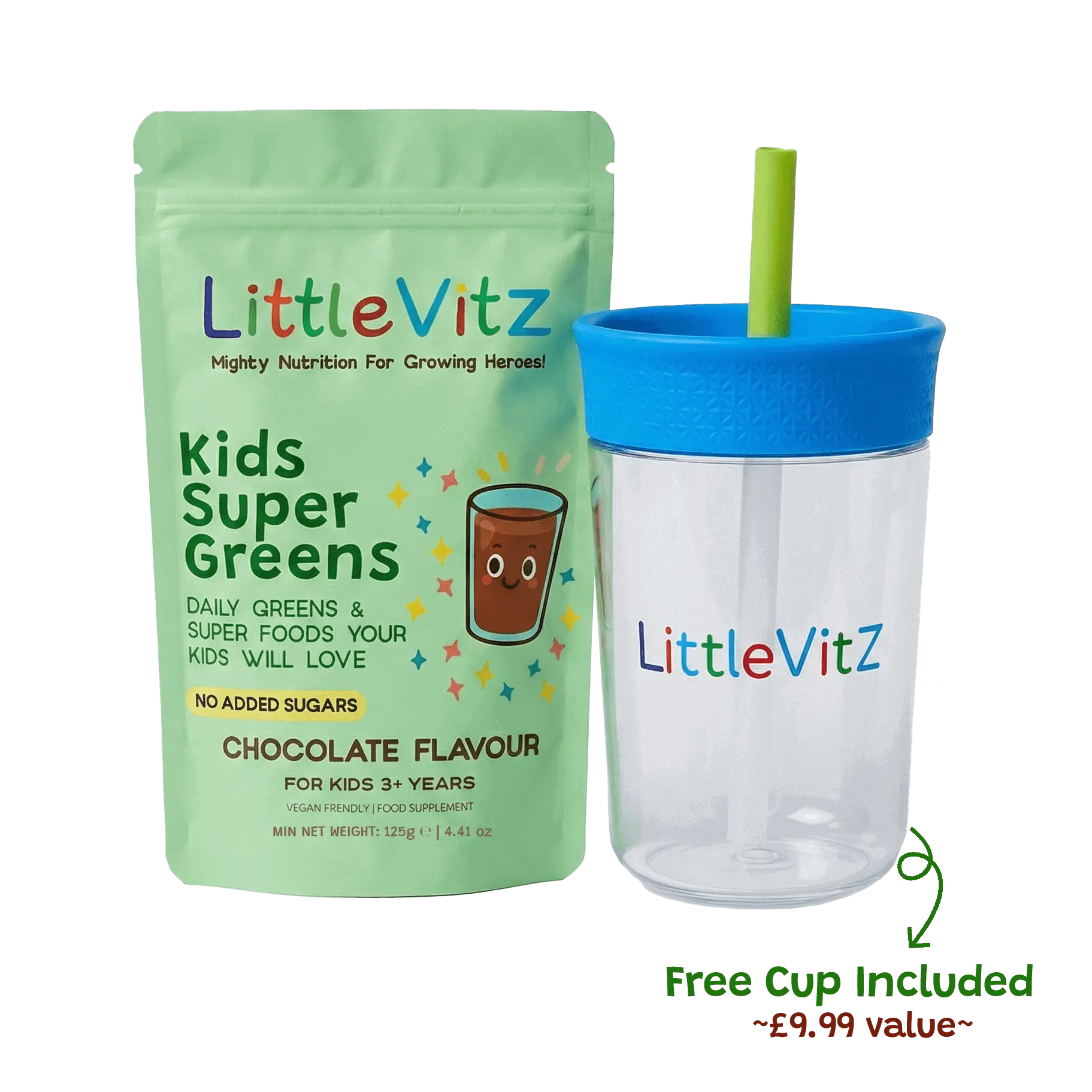 LittleVitz Kids Super Greens package with a clear cup with blue lid and straw on a white background