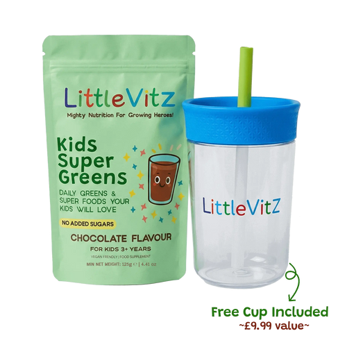 LittleVitz Kids Super Greens package with a clear cup with blue lid and straw on a white background