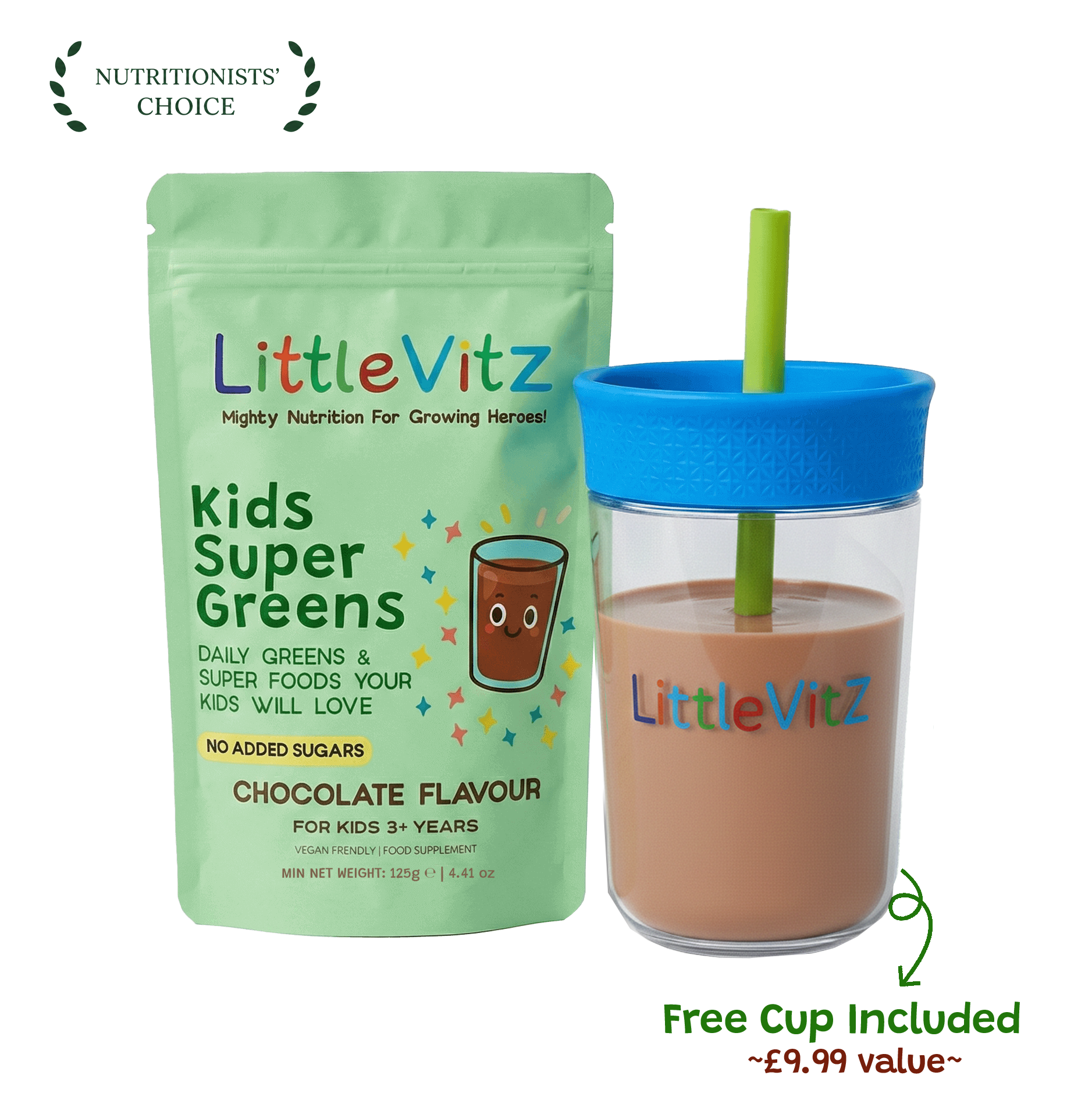 LittleVitz Kids Super Greens chocolate flavour powder pouch shown next to a clear plastic cup with a bright blue lid and straw, filled with the prepared drink. The packaging features a light green background with colorful text and graphics.