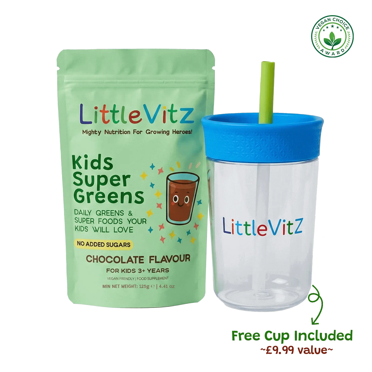 LittleVitz Kids Super Greens chocolate flavour food supplement pouch shown next to a free clear plastic tumbler cup with a blue lid and green straw, on a white background with a small organic certification logo and a 'Free Cup Included' text overlay.