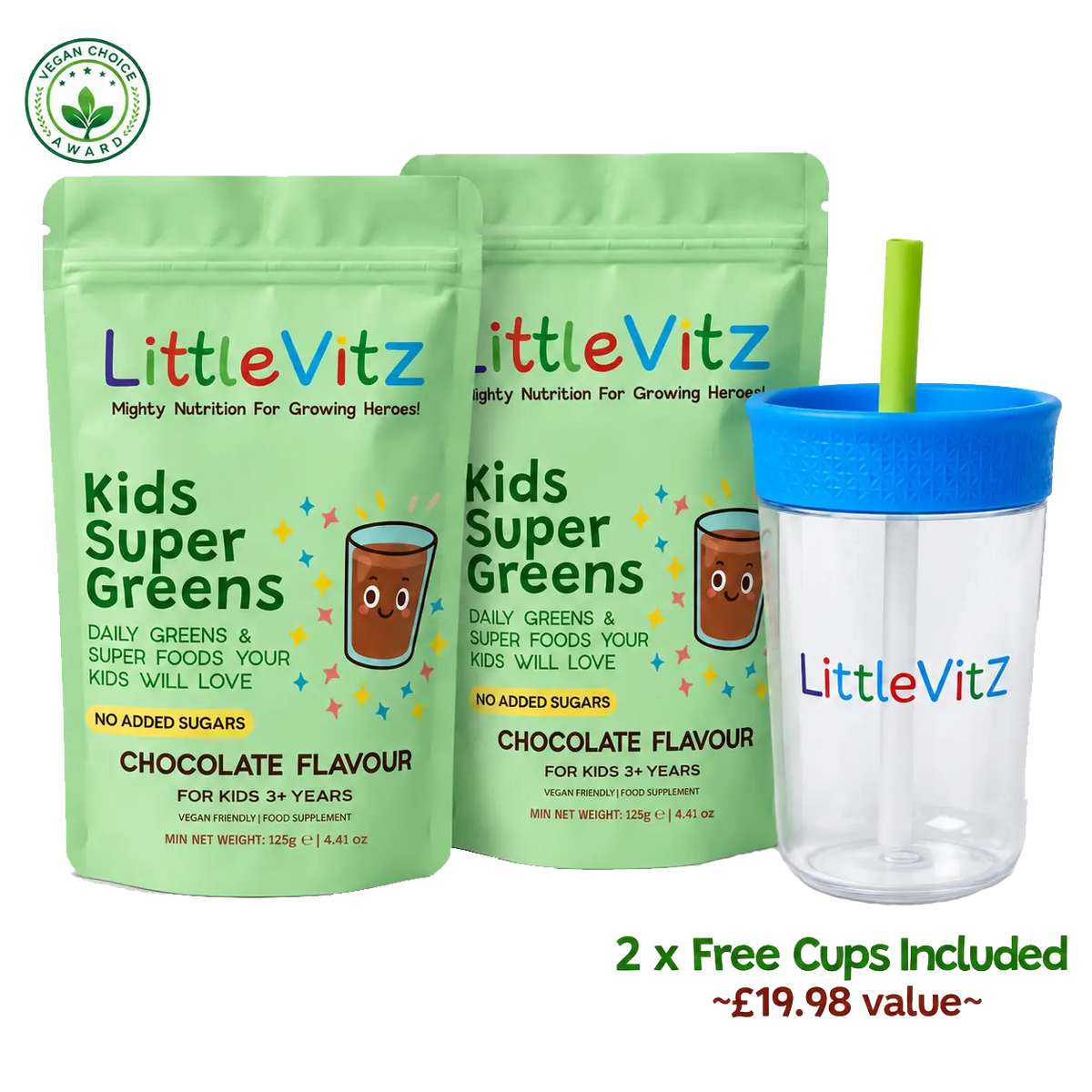 Two LittleVitz Kids Super Greens chocolate flavour pouches shown with two free cups included: one clear cup with a blue lid and green straw, and one blue tumbler with a clear lid. The background is white with a small green organic certification logo in the top left and text reading '2 x Free Cups Included ~£19.