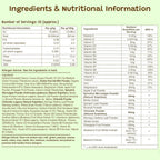 Ingredients and nutritional information panel for LittleVitz Kids Super Greens chocolate flavour. The image displays the complete nutrition facts, serving information, ingredient list, vitamin and mineral content, and superfoods including spirulina, barley grass, wheat grass, broccoli, spinach, kale, moringa and fruit extracts. Designed as a daily greens supplement for children aged 3+ with no added sugar.