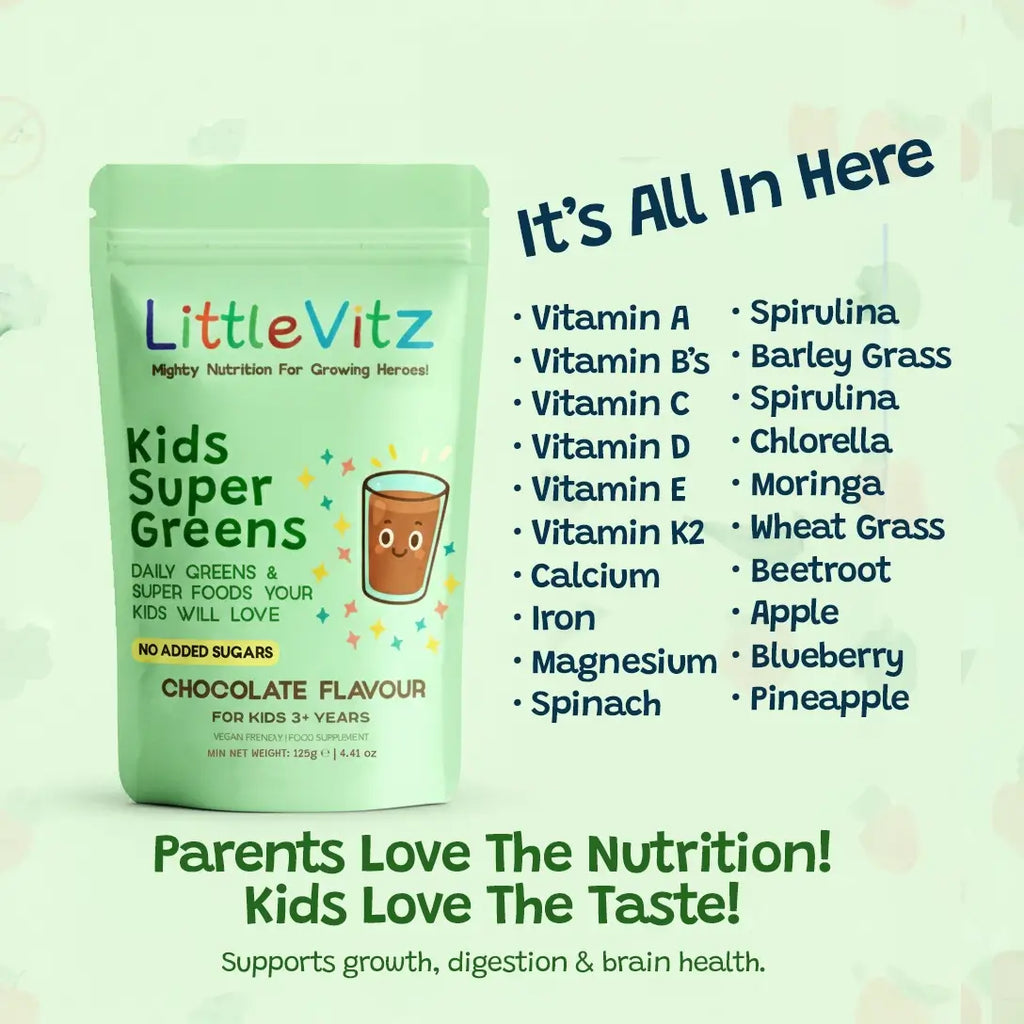 Green packaging of LittleVitz Kids Super Greens with a list of ingredients on a light green background.