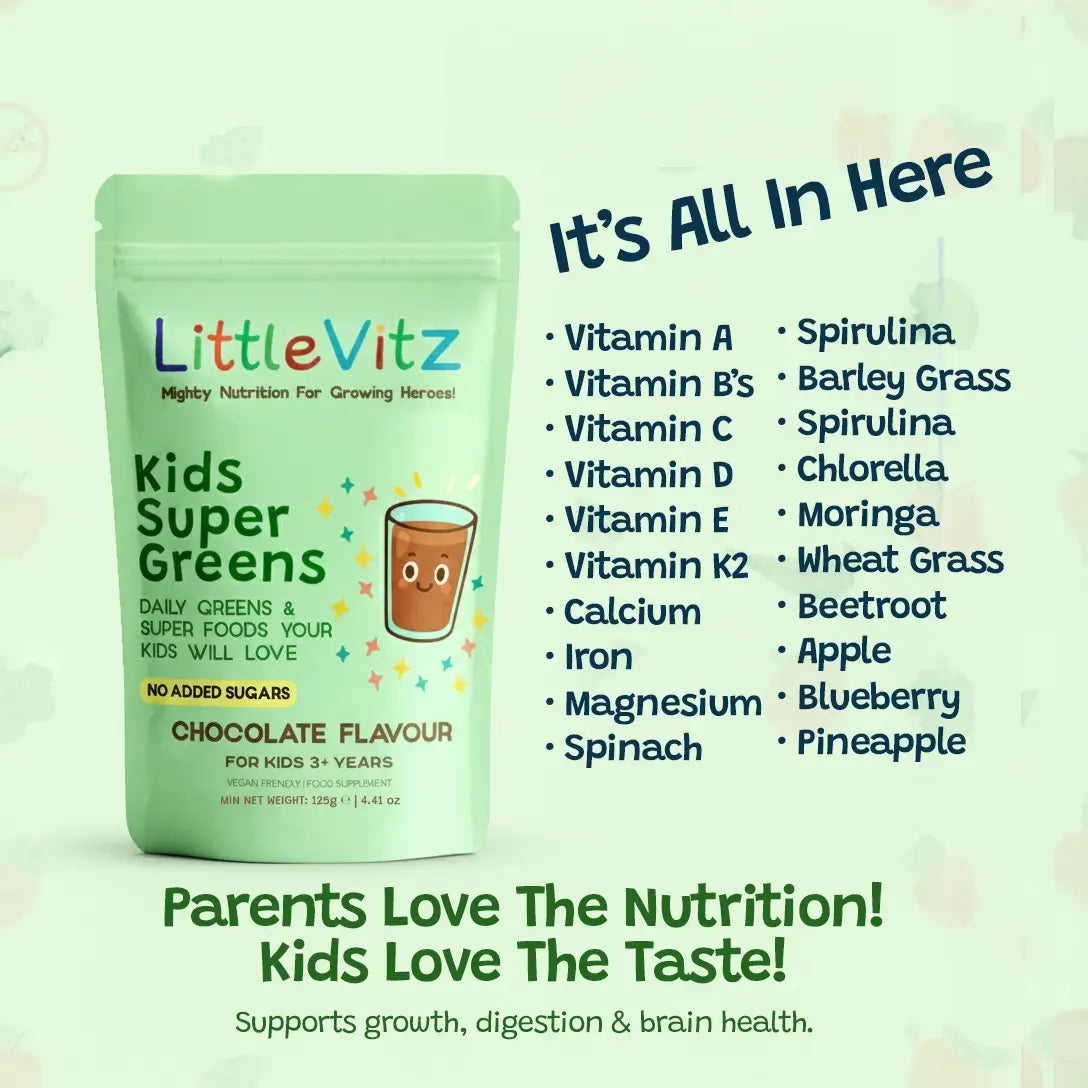 Green packaging of LittleVitz Kids Super Greens with a list of ingredients on a light green background.