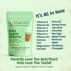 Educational infographic for LittleVitz Kids Super Greens chocolate flavour showing the key vitamins, minerals and superfoods included in every serving. The image highlights vitamins A, B vitamins, C, D, E and K2, calcium, iron, magnesium, leafy greens including spinach, broccoli, barley grass, wheat grass, spirulina, chlorella and moringa, along with fruit ingredients such as apple, blueberry, pineapple and beetroot. Designed as a daily greens supplement for children aged 3+ to support healthy growth, diges