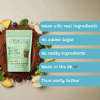 Educational infographic for LittleVitz Kids Super Greens chocolate flavour highlighting the product's quality standards. The image features the daily greens powder alongside key benefits including made with real ingredients, no added sugar, no artificial ingredients, made in the UK and independently third party tested. Designed to provide children aged 3+ with a convenient source of vitamins, minerals and superfoods in a chocolate flavoured drink.