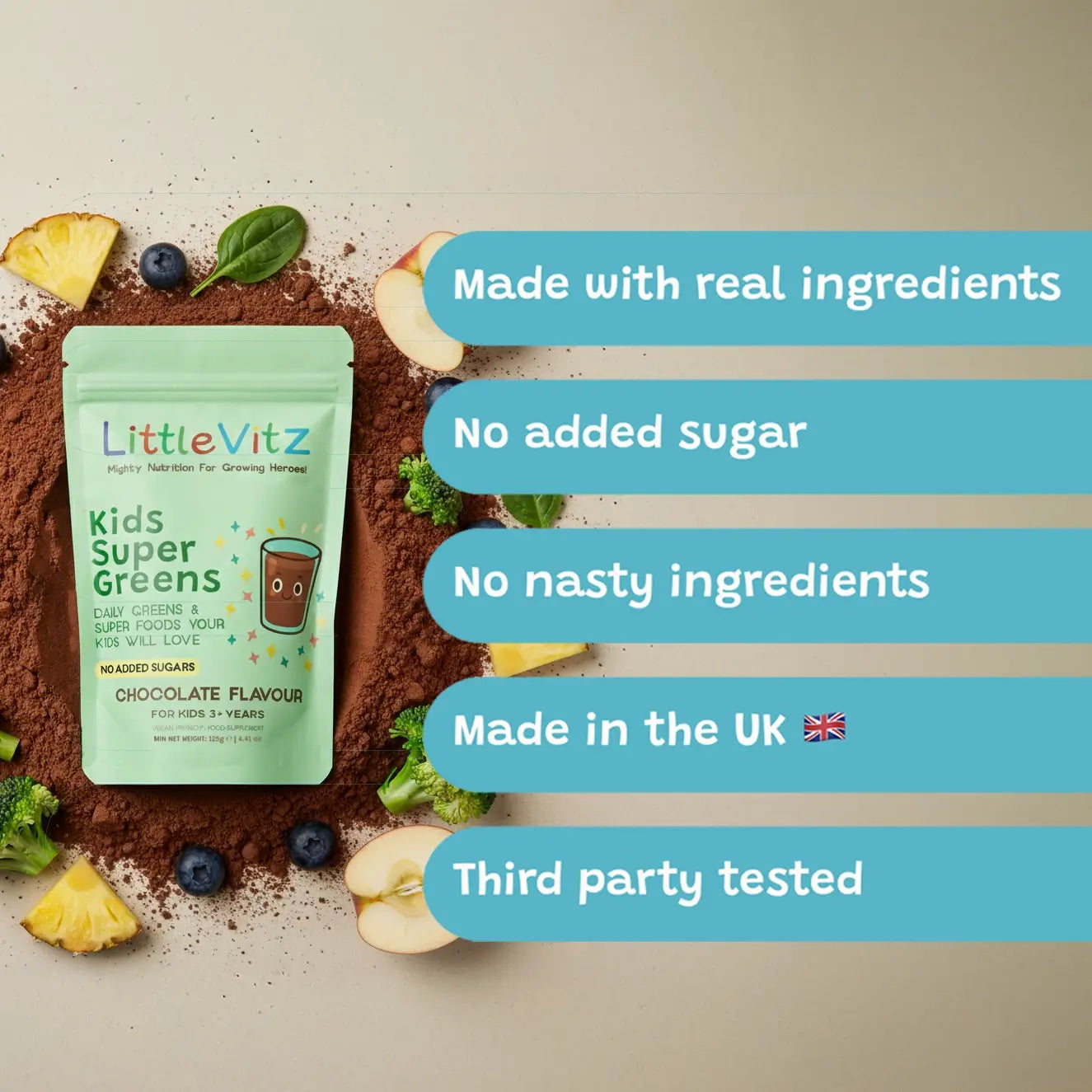 Green package of LittleVitz Kids Super Greens with text highlighting features on a brown background.