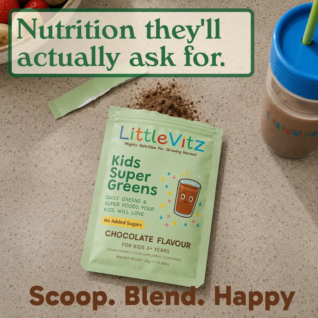 A packet of LittleVitz Kids Super Greens chocolate flavour powder sits on a countertop with a spoonful of powder, a blue-lidded drink cup, and a text banner reading 'Nutrition they'll actually ask for.'.