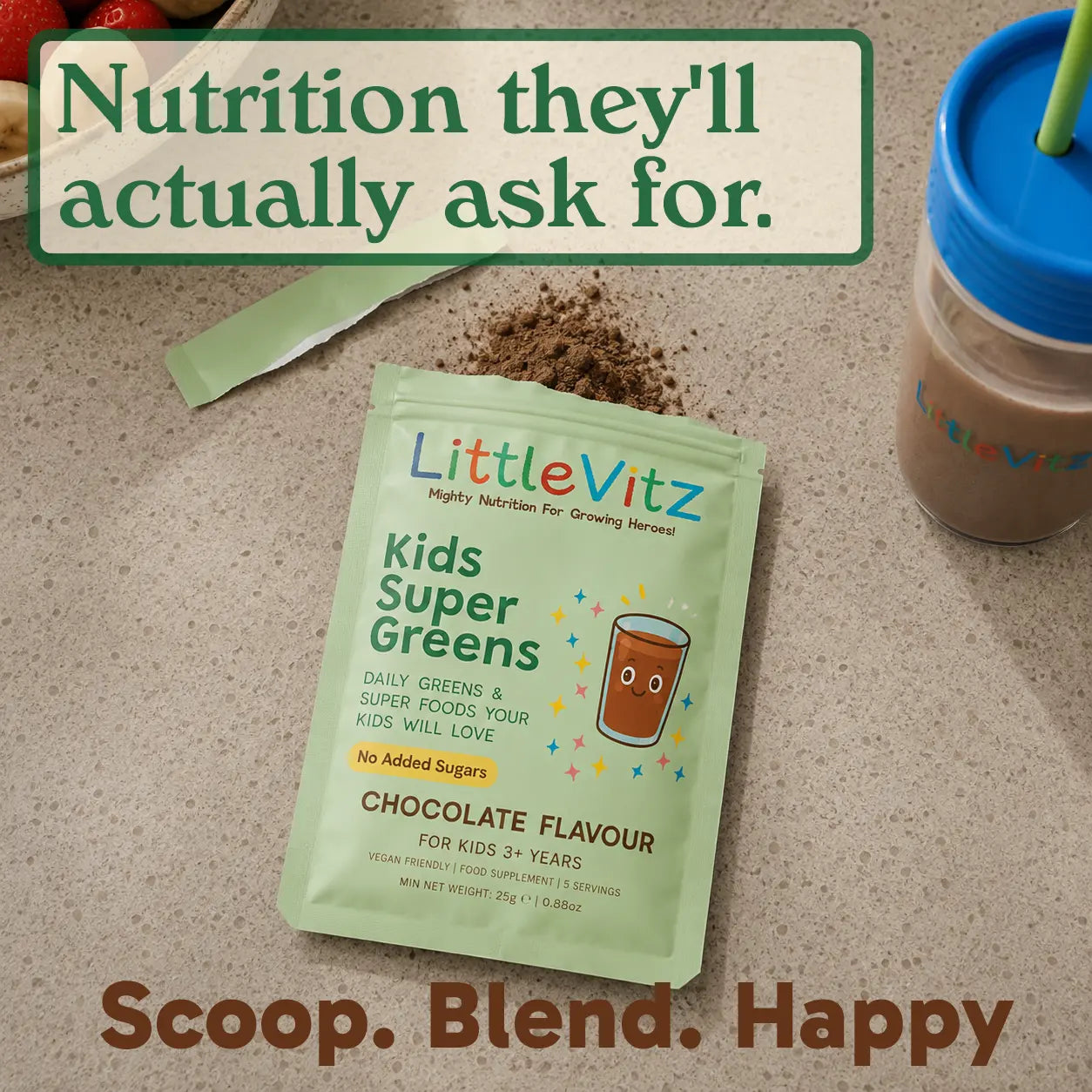 A packet of LittleVitz Kids Super Greens chocolate flavour powder sits on a countertop with a spoonful of powder, a blue-lidded drink cup, and a text banner reading 'Nutrition they'll actually ask for.'.