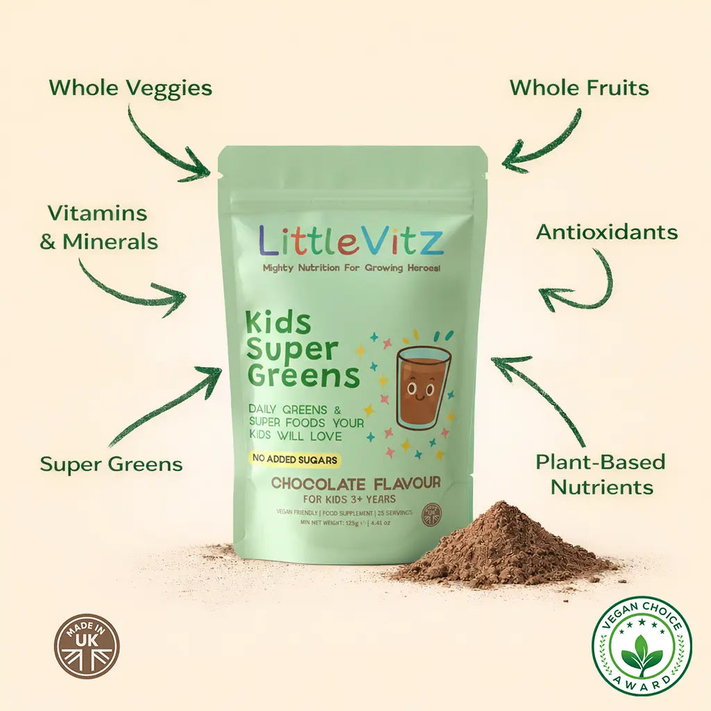 A stand-up pouch of LittleVitz Kids Super Greens chocolate flavour powder is centered on a light beige background, surrounded by green arrows pointing to ingredients like whole veggies, fruits, vitamins, antioxidants, and plant-based nutrients. A small pile of the brown powder sits in front of the pouch.