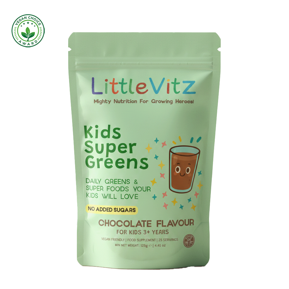 A stand-up pouch of LittleVitz Kids Super Greens in chocolate flavour, featuring a light green background with colorful text and a cartoon drink illustration, on a white background with a small organic cert logo in the top left corner. TikTok Image