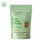 A stand-up pouch of LittleVitz Kids Super Greens in chocolate flavour, featuring a light green background with colorful text and a cartoon drink illustration, on a white background with a small organic cert logo in the top left corner. TikTok Image