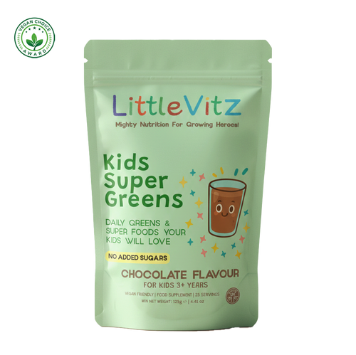 A stand-up pouch of LittleVitz Kids Super Greens in chocolate flavour, featuring a light green background with colorful text and a cartoon drink illustration, on a white background with a small organic cert logo in the top left corner. TikTok Image