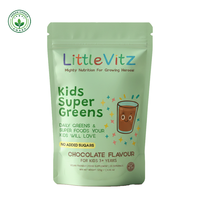 A stand-up pouch of LittleVitz Kids Super Greens in chocolate flavour, featuring a light green background with colorful text and a cartoon drink illustration, on a white background with a small organic cert logo in the top left corner. TikTok Image