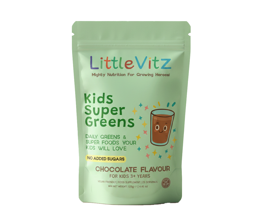 Green package of LittleVitz Kids Super Greens on a white background